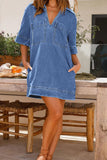 Chouyatou Womens Summer Casual Denim Dress Short Sleeve V Neck Distressed Jean Dresses Mini Shirt Dress