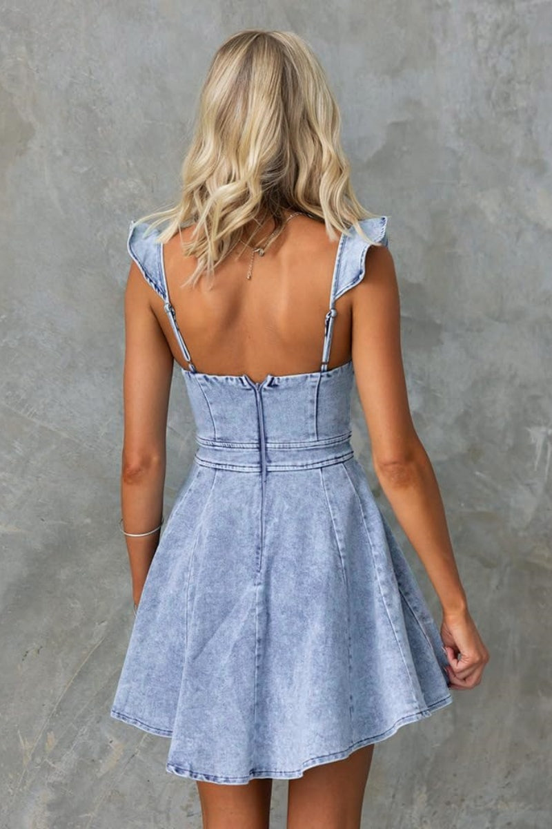 Chouyatou Denim Dress for Women Ruffle Adjustable Strap Sleeveless Bac CHOUYATOU Chouyatou Denim Dress for Women Ruffle Adjustable Strap Sleeveless Bac CHOUYATOU