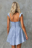 Chouyatou Denim Dress for Women Ruffle Adjustable Strap Sleeveless Backless Babydoll Mini Jean Dresses
