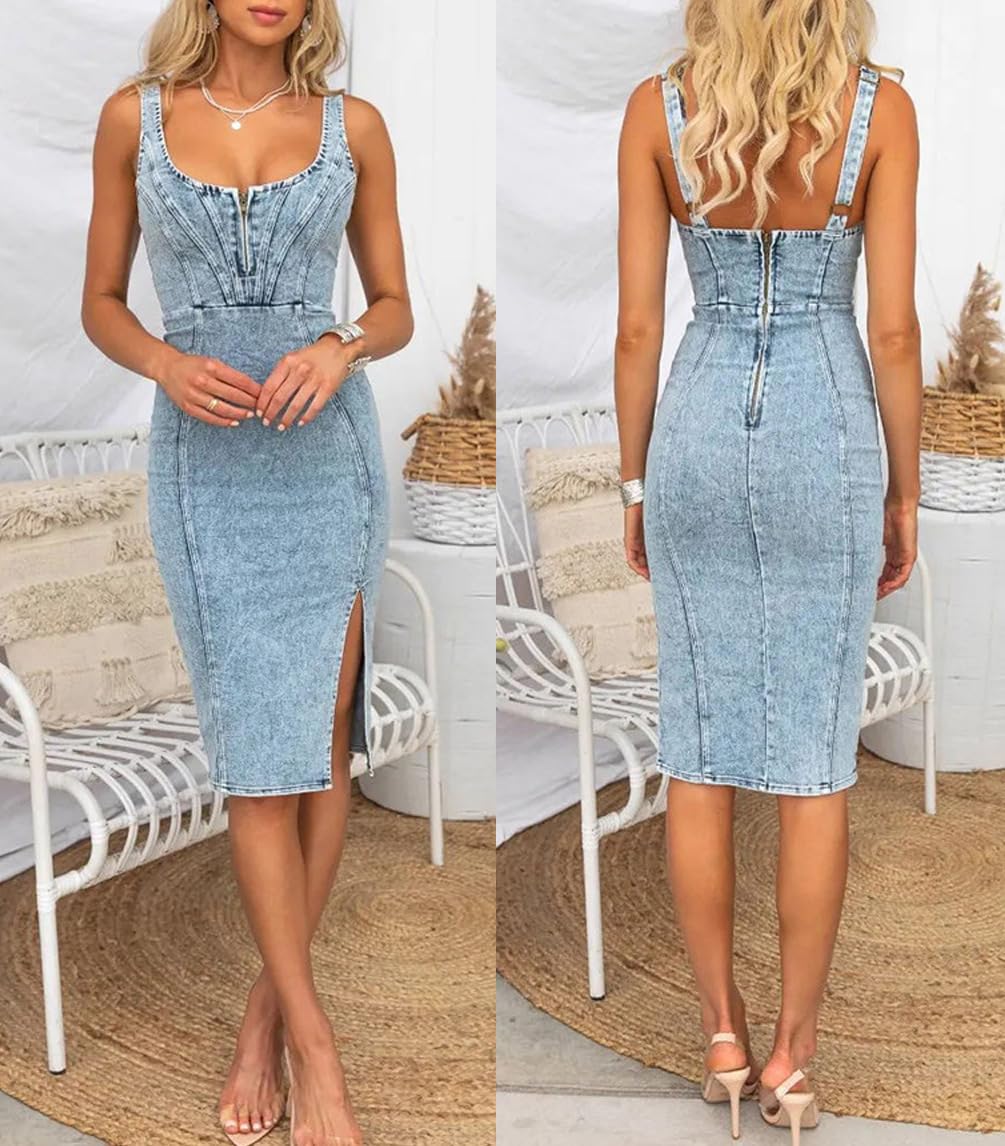 Chouyatou Denim Dress for Women Sleeveless Side Slit Bodycon Midi Jean Dresses