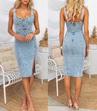 Chouyatou Denim Dress for Women Sleeveless Side Slit Bodycon Midi Jean Dresses