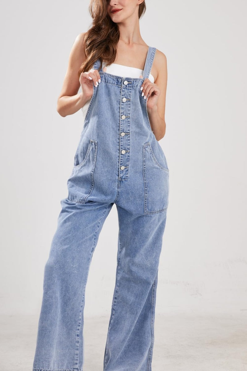 Chouyatou Casual Denim Jumpsuit for Women Overalls Wide Leg Jumpsuit Jeans Denim Bib Overalls Dungaree Pockets