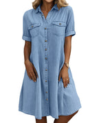 Chouyatou Women's Summer Short Sleeve Denim Shirt Dress Business Casual Button Down Midi Long Jean Dress