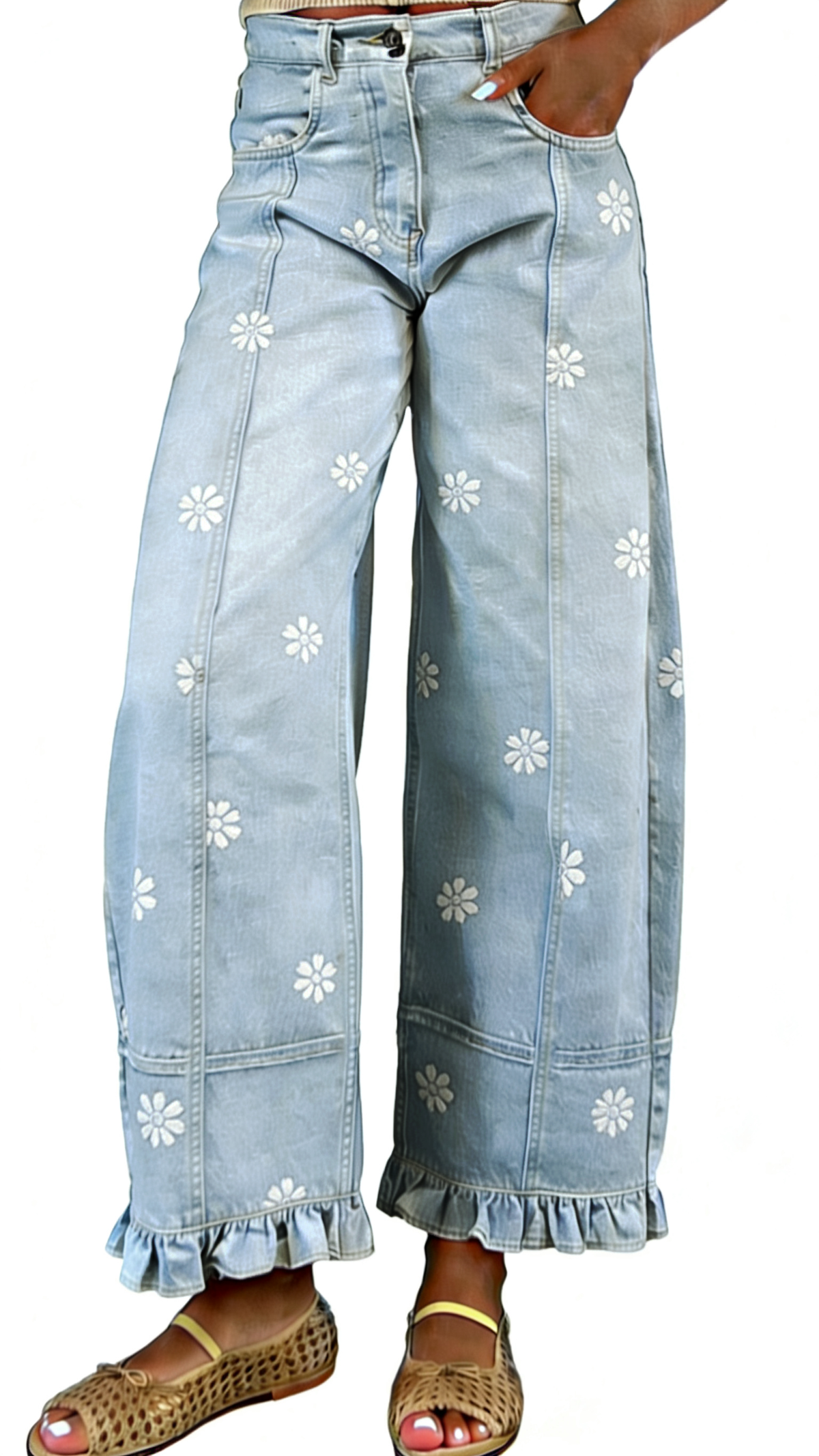 Chouyatou Barrel Jeans Women Floral Print Wide Leg Jeans Y2k Patchwork Baggy Boyfriend Denim Pants