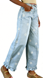 Chouyatou Barrel Jeans Women Floral Print Wide Leg Jeans Y2k Patchwork Baggy Boyfriend Denim Pants