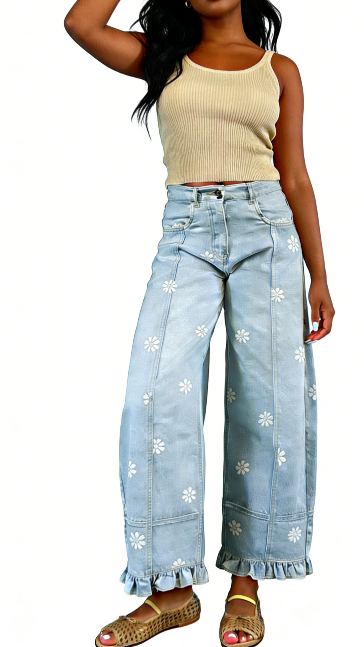 Chouyatou Barrel Jeans Women Floral Print Wide Leg Jeans Y2k Patchwork Baggy Boyfriend Denim Pants