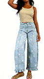 CHOUYATOU Barrel Jeans Women 2026 Floral Print Wide Leg Jeans Y2k Patchwork Baggy Boyfriend Denim Pants