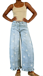 Chouyatou Barrel Jeans Women Floral Print Wide Leg Jeans Y2k Patchwork Baggy Boyfriend Denim Pants