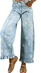 Chouyatou Barrel Jeans Women Floral Print Wide Leg Jeans Y2k Patchwork Baggy Boyfriend Denim Pants