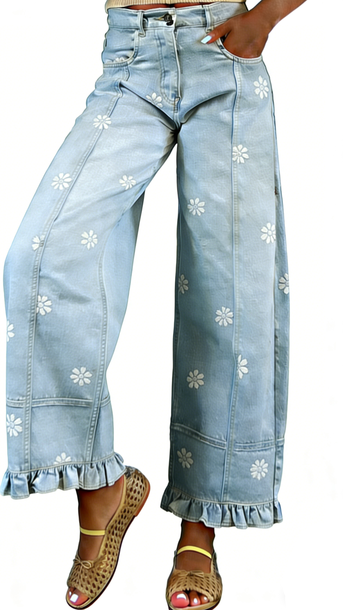 Chouyatou Barrel Jeans Women Floral Print Wide Leg Jeans Y2k Patchwork Baggy Boyfriend Denim Pants