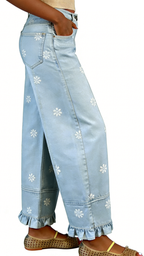 Chouyatou Barrel Jeans Women Floral Print Wide Leg Jeans Y2k Patchwork Baggy Boyfriend Denim Pants