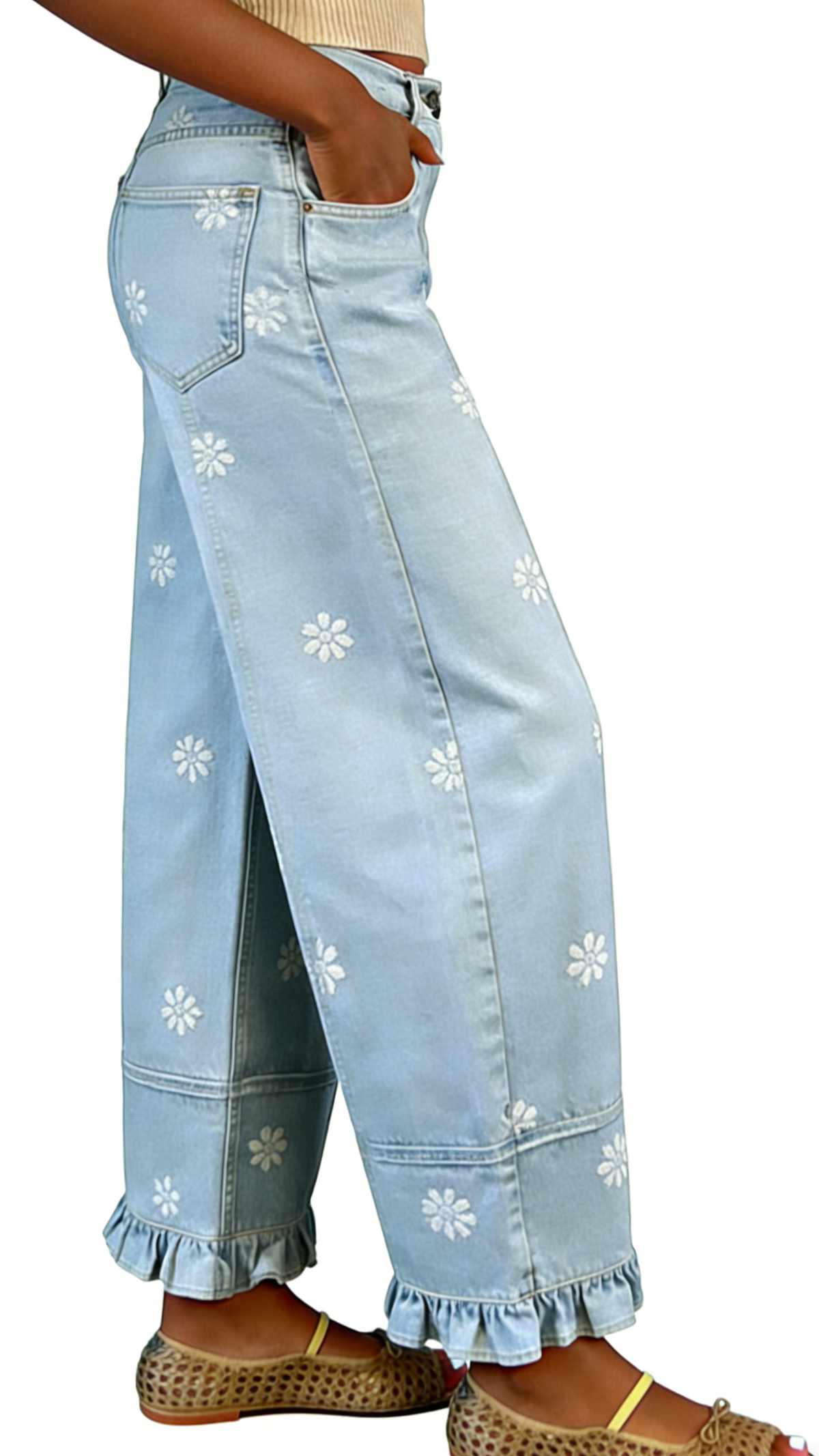 Chouyatou Barrel Jeans Women Floral Print Wide Leg Jeans Y2k Patchwork Baggy Boyfriend Denim Pants