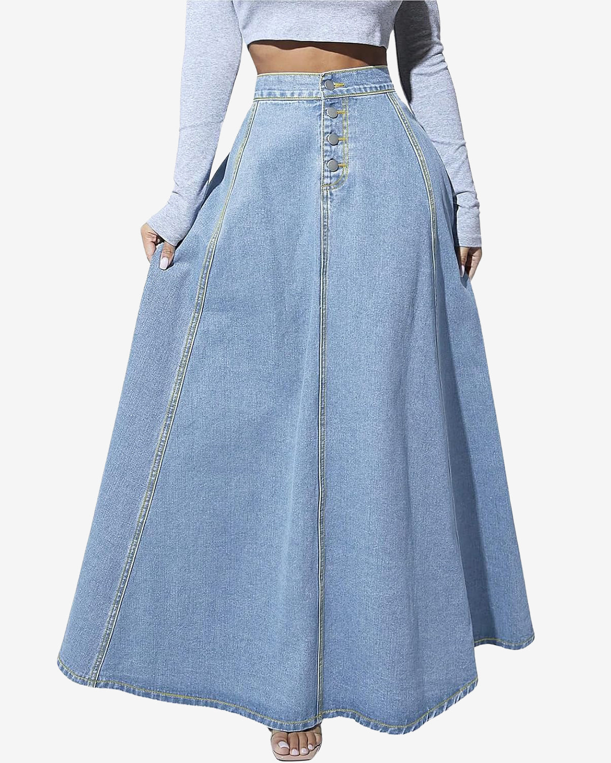 Chouyatou Women's Retro High Waisted Button Fly Flared Long Jean Skirts Pleated Flowy Swing A-line Denim Maxi Skirts