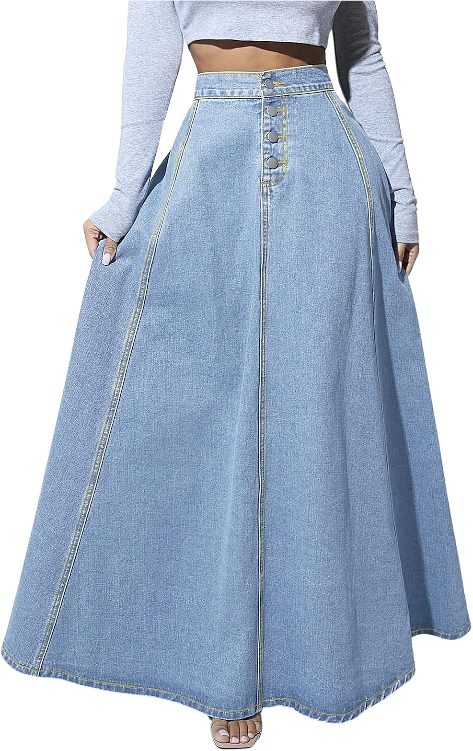 Chouyatou Women's Retro High Waisted Button Fly Flared Long Jean Skirts Pleated Flowy Swing A-line Denim Maxi Skirts