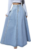 Chouyatou Women's Retro High Waisted Button Fly Flared Long Jean Skirts Pleated Flowy Swing A-line Denim Maxi Skirts