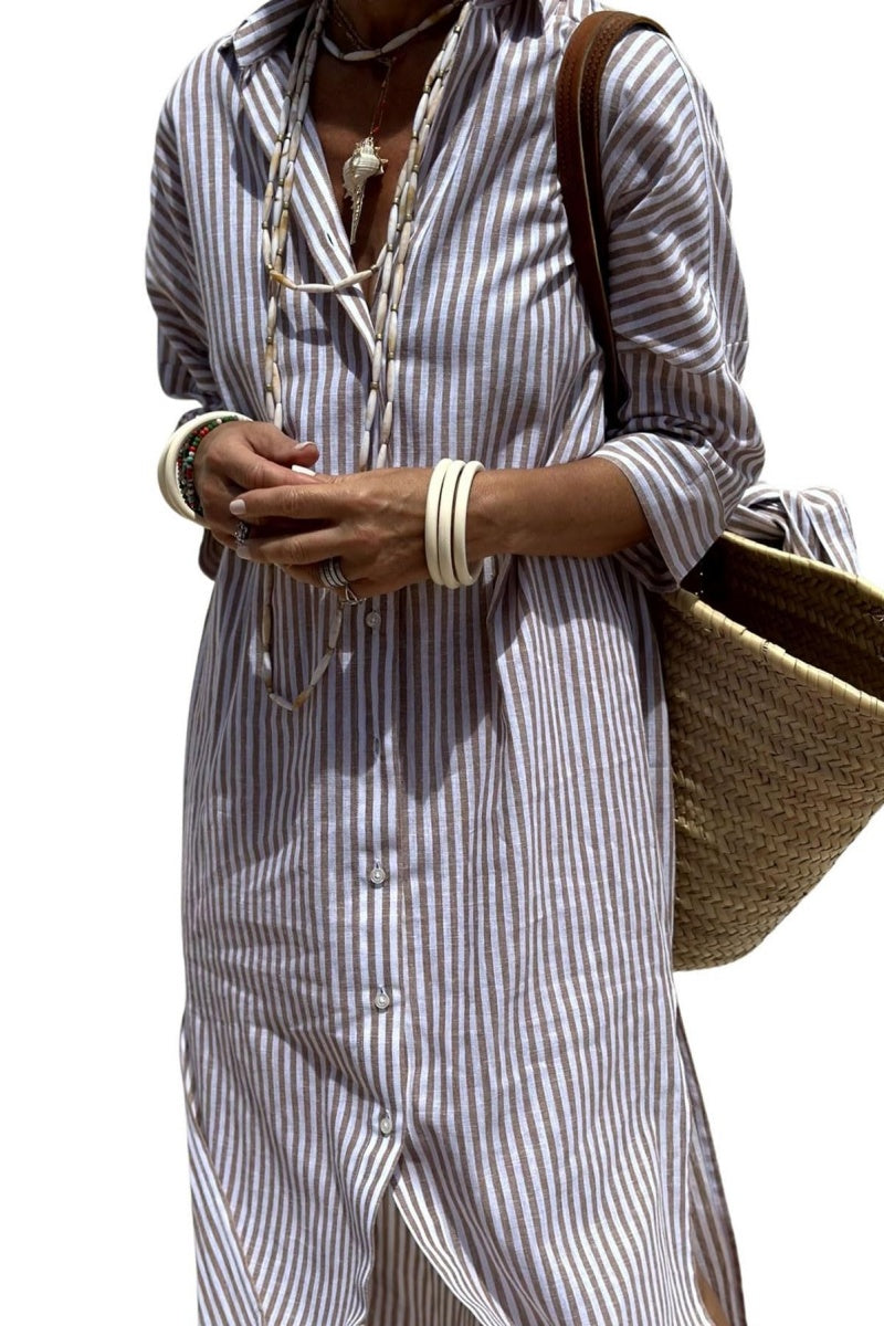 Chouyatou Womens Shirt Dress Casual Lapel 3/4 Sleeve Button Down Split Belted Vacation Maxi Dress
