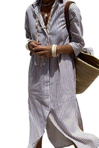 Chouyatou Womens Shirt Dress Casual Lapel 3/4 Sleeve Button Down Split Belted Vacation Maxi Dress