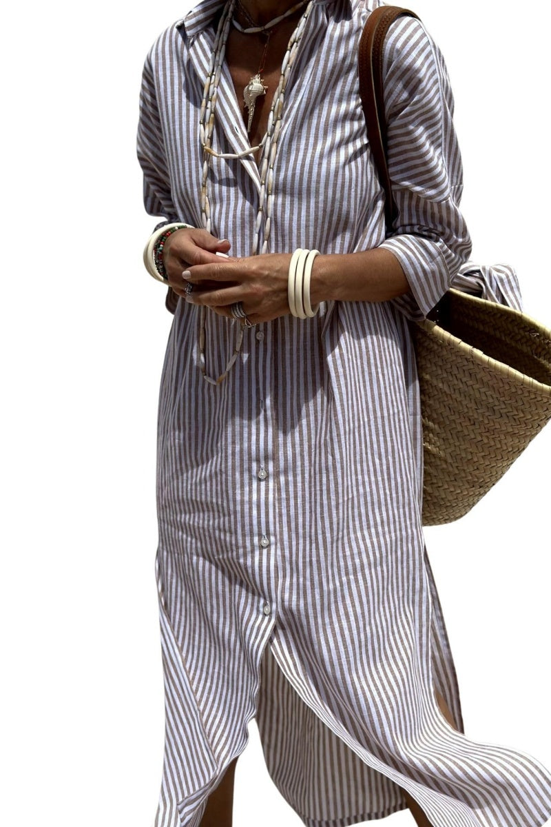 Chouyatou Womens Shirt Dress Casual Lapel 3/4 Sleeve Button Down Split Belted Vacation Maxi Dress