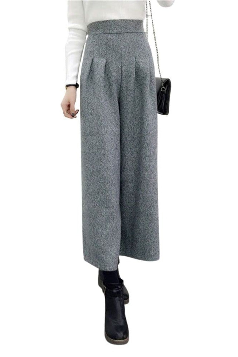 Chouyatou Women's Winter High Waist Wide Leg Plaid Wool Blend Palazzo Capri Pants Culottes with Pockets
