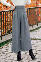 Chouyatou Women's Winter High Waist Wide Leg Plaid Wool Blend Palazzo Capri Pants Culottes with Pockets