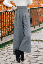 Chouyatou Women's Winter High Waist Wide Leg Plaid Wool Blend Palazzo Capri Pants Culottes with Pockets