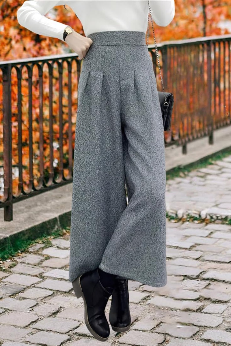Chouyatou Women's Winter High Waist Wide Leg Plaid Wool Blend Palazzo Capri Pants Culottes with Pockets