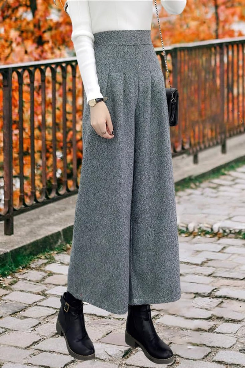 Chouyatou Women's Winter High Waist Wide Leg Plaid Wool Blend Palazzo Capri Pants Culottes with Pockets