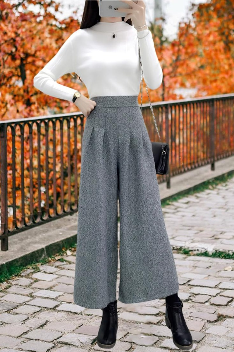 Chouyatou Women's Winter High Waist Wide Leg Plaid Wool Blend Palazzo Capri Pants Culottes with Pockets