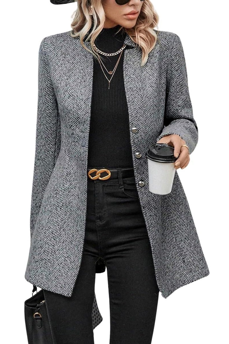 Chouyatou Women's Business Casual Herringbone Wool Coat Button Up Notch Collar Dressy Blazer Jacket