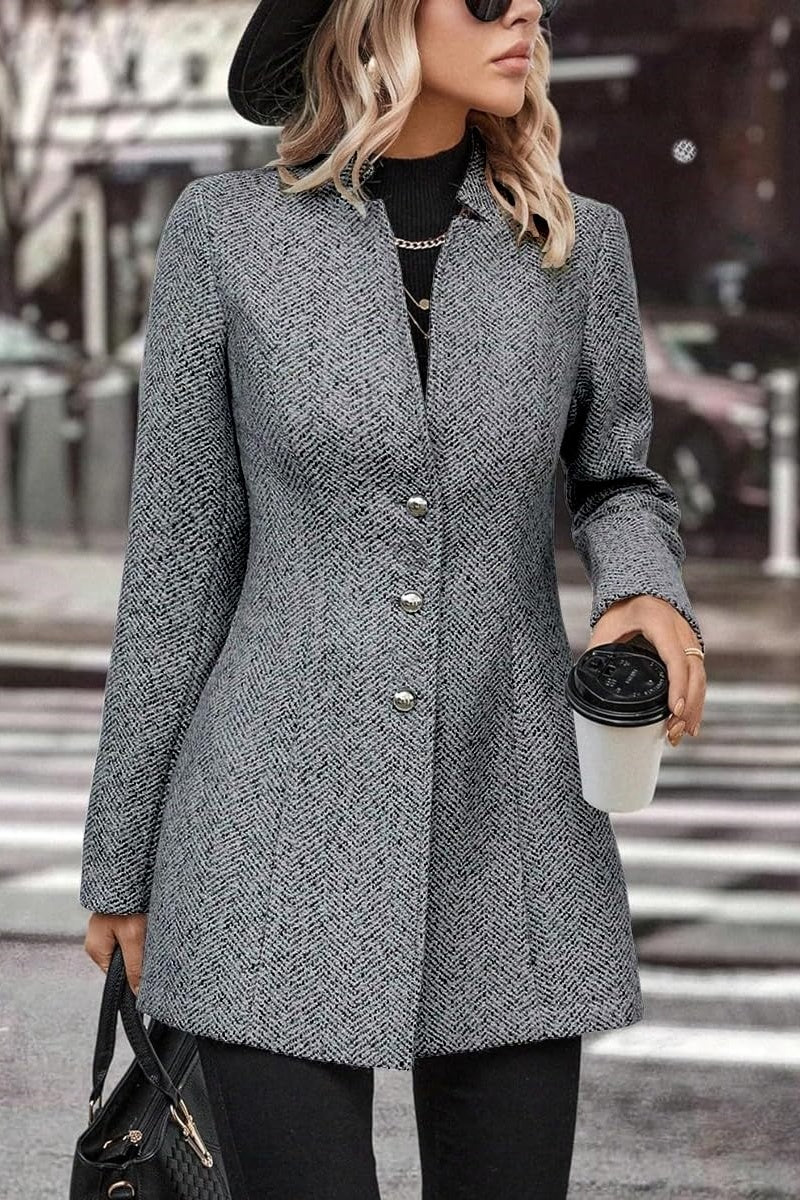 Chouyatou Women's Business Casual Herringbone Wool Coat Button Up Notch Collar Dressy Blazer Jacket