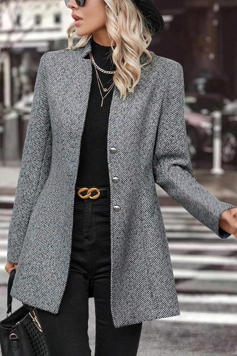Chouyatou Women's Business Casual Herringbone Wool Coat Button Up Notch Collar Dressy Blazer Jacket