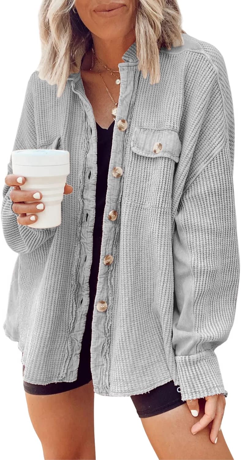 Chouyatou Women's Loose Fit Batwing Sleeve Waffle Knit Button Down Shirt Shacket Tops