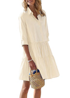 Chouyatou Women's Striped Button Down Shirt Dress Loose Casual Cuffed Sleeve Tiered Mini Tunic Dress
