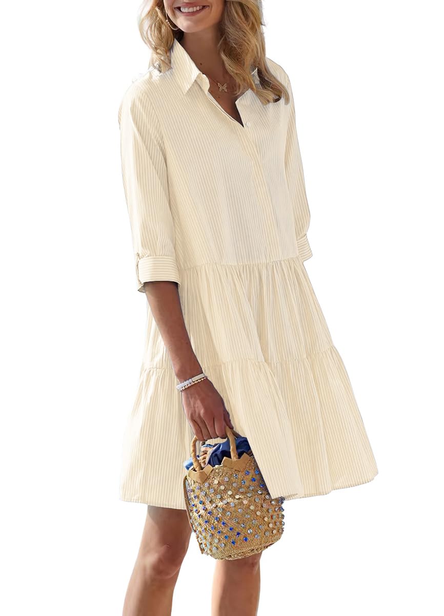 Chouyatou Women's Striped Button Down Shirt Dress Loose Casual Cuffed Sleeve Tiered Mini Tunic Dress