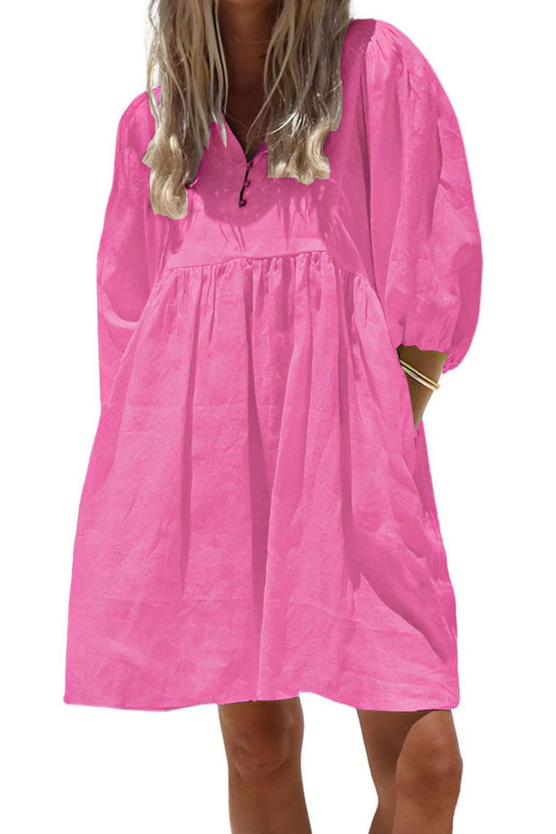Chouyatou Women's Summer Puff Sleeve Cotton Tunic Dress V-Neck Mini Va CHOUYATOU Chouyatou Women's Summer Puff Sleeve Cotton Tunic Dress V-Neck Mini Va CHOUYATOU