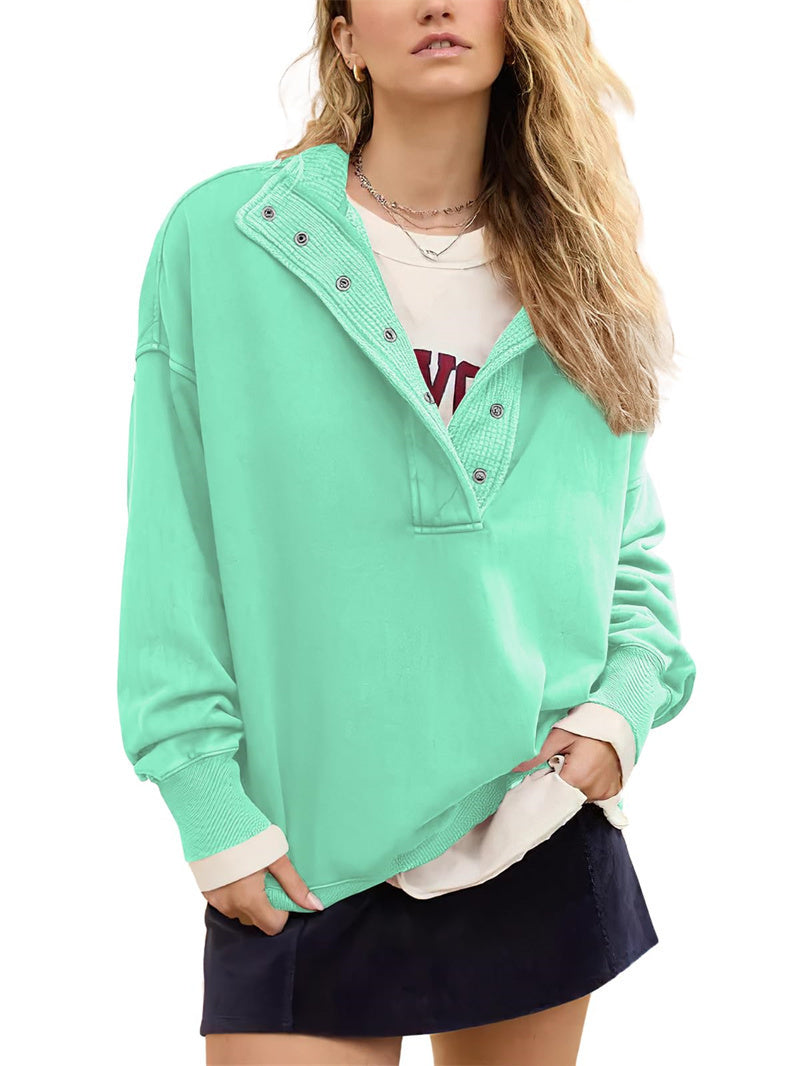 Chouyatou Women's Fashion V Neck Snap Button Long Sleeve Casual Loose Pullover Sweatshirt Activewear