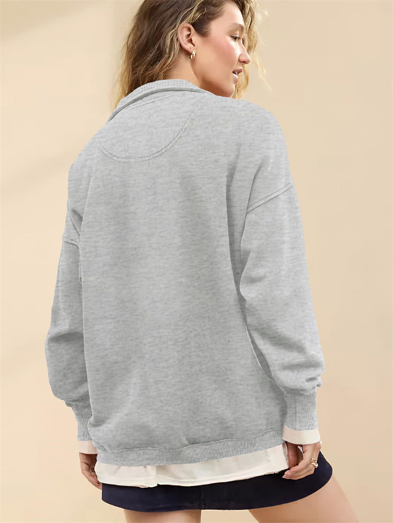 Chouyatou Women's Fashion V Neck Snap Button Long Sleeve Casual Loose Pullover Sweatshirt Activewear