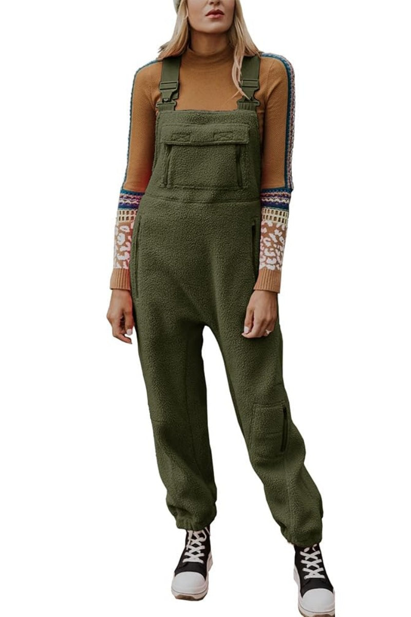 Chouyatou Womens Fuzzy Fleece Overall Jumpsuits Casual Loose Fit Winter Sherpa Bib Overalls with Pockets