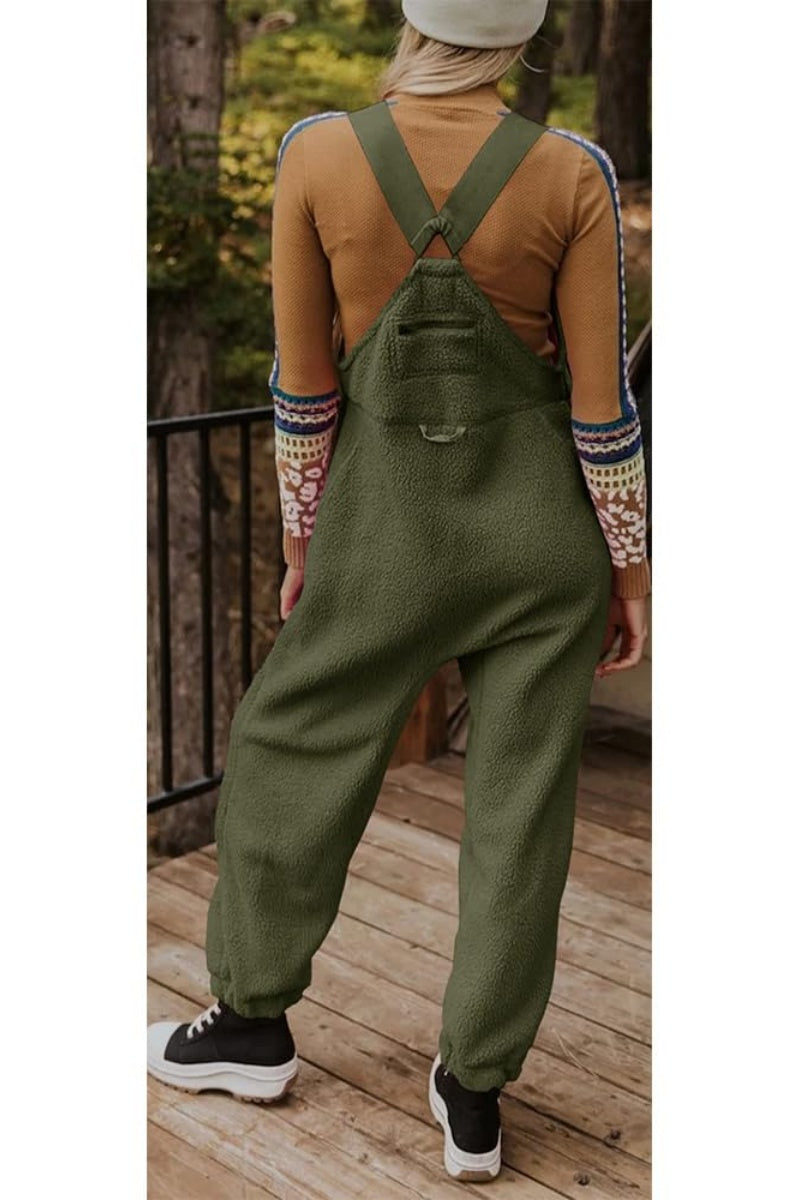 Chouyatou Womens Fuzzy Fleece Overall Jumpsuits Casual Loose Fit Winter Sherpa Bib Overalls with Pockets