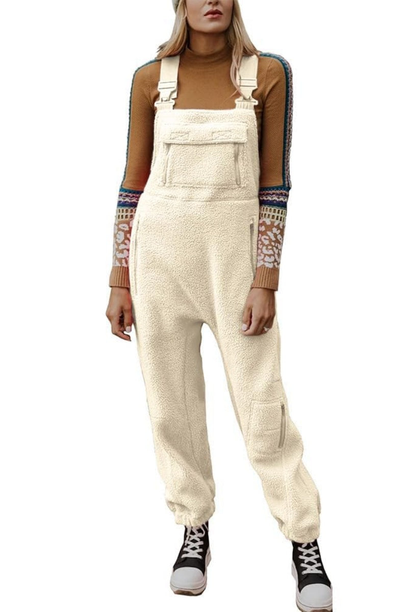 Chouyatou Womens Fuzzy Fleece Overall Jumpsuits Casual Loose Fit Winter Sherpa Bib Overalls with Pockets