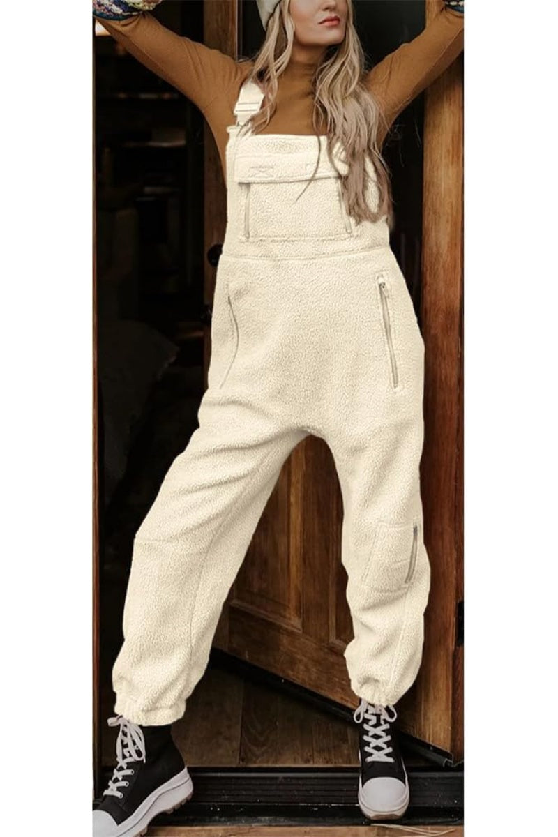 Chouyatou Womens Fuzzy Fleece Overall Jumpsuits Casual Loose Fit Winter Sherpa Bib Overalls with Pockets
