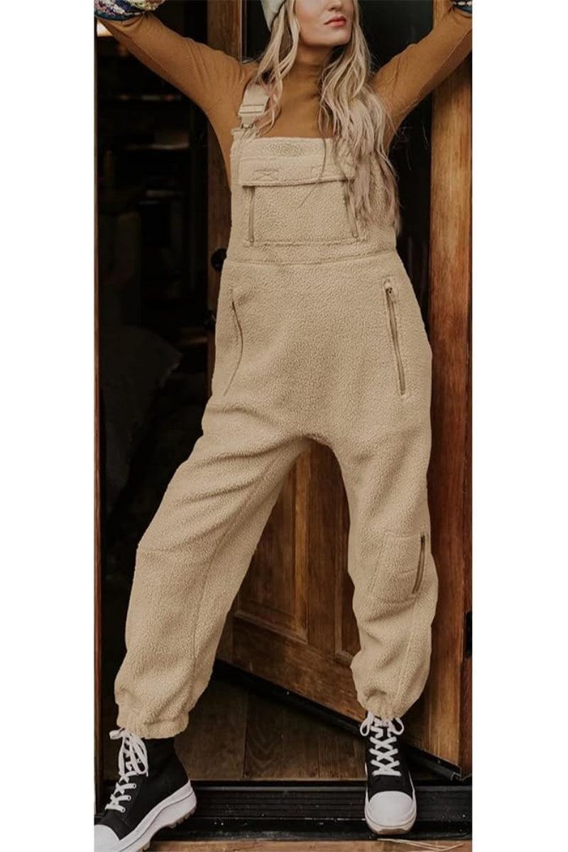 Chouyatou Womens Fuzzy Fleece Overall Jumpsuits Casual Loose Fit Winter Sherpa Bib Overalls with Pockets