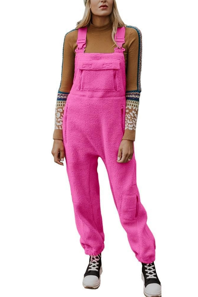 Chouyatou Womens Fuzzy Fleece Overall Jumpsuits Casual Loose Fit Winter Sherpa Bib Overalls with Pockets
