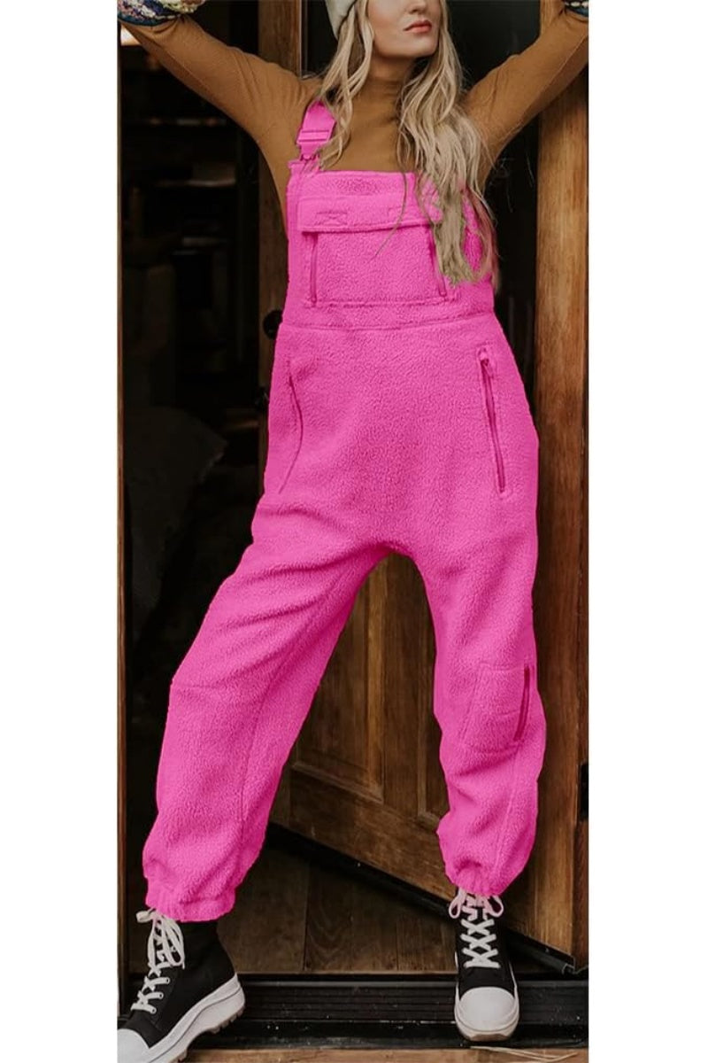 Chouyatou Womens Fuzzy Fleece Overall Jumpsuits Casual Loose Fit Winter Sherpa Bib Overalls with Pockets
