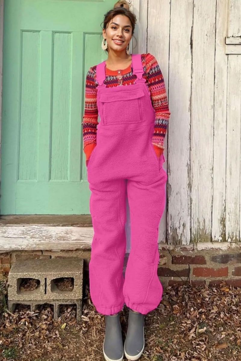 Chouyatou Womens Fuzzy Fleece Overall Jumpsuits Casual Loose Fit Winter Sherpa Bib Overalls with Pockets