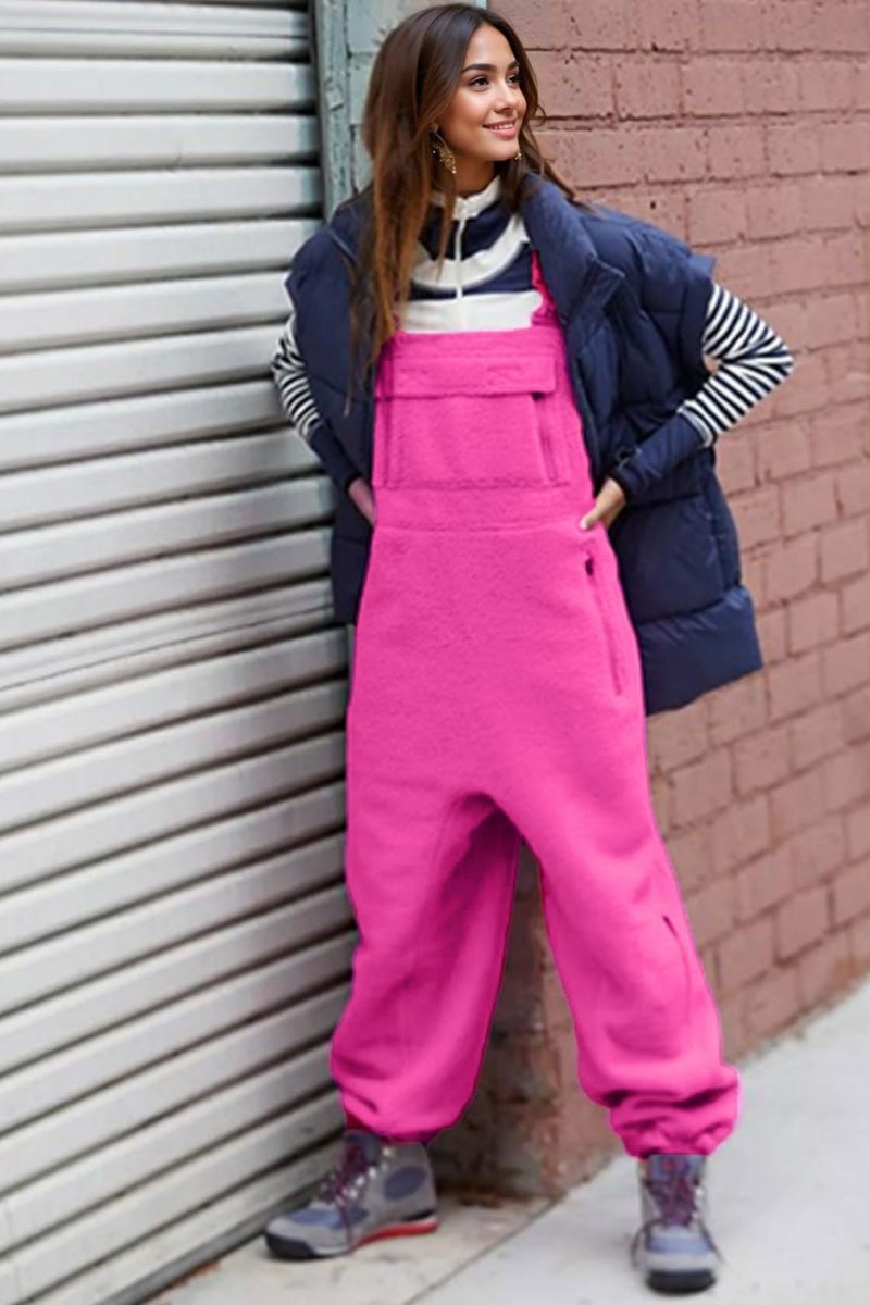 Chouyatou Womens Fuzzy Fleece Overall Jumpsuits Casual Loose Fit Winter Sherpa Bib Overalls with Pockets