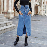 Chouyatou Women's Midi Jean Skirt High Waisted Slit Hem Slim Fit Pencil Denim Skirt