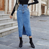 Chouyatou Women's Midi Jean Skirt High Waisted Slit Hem Slim Fit Pencil Denim Skirt