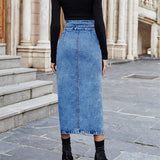 Chouyatou Women's Midi Jean Skirt High Waisted Slit Hem Slim Fit Pencil Denim Skirt