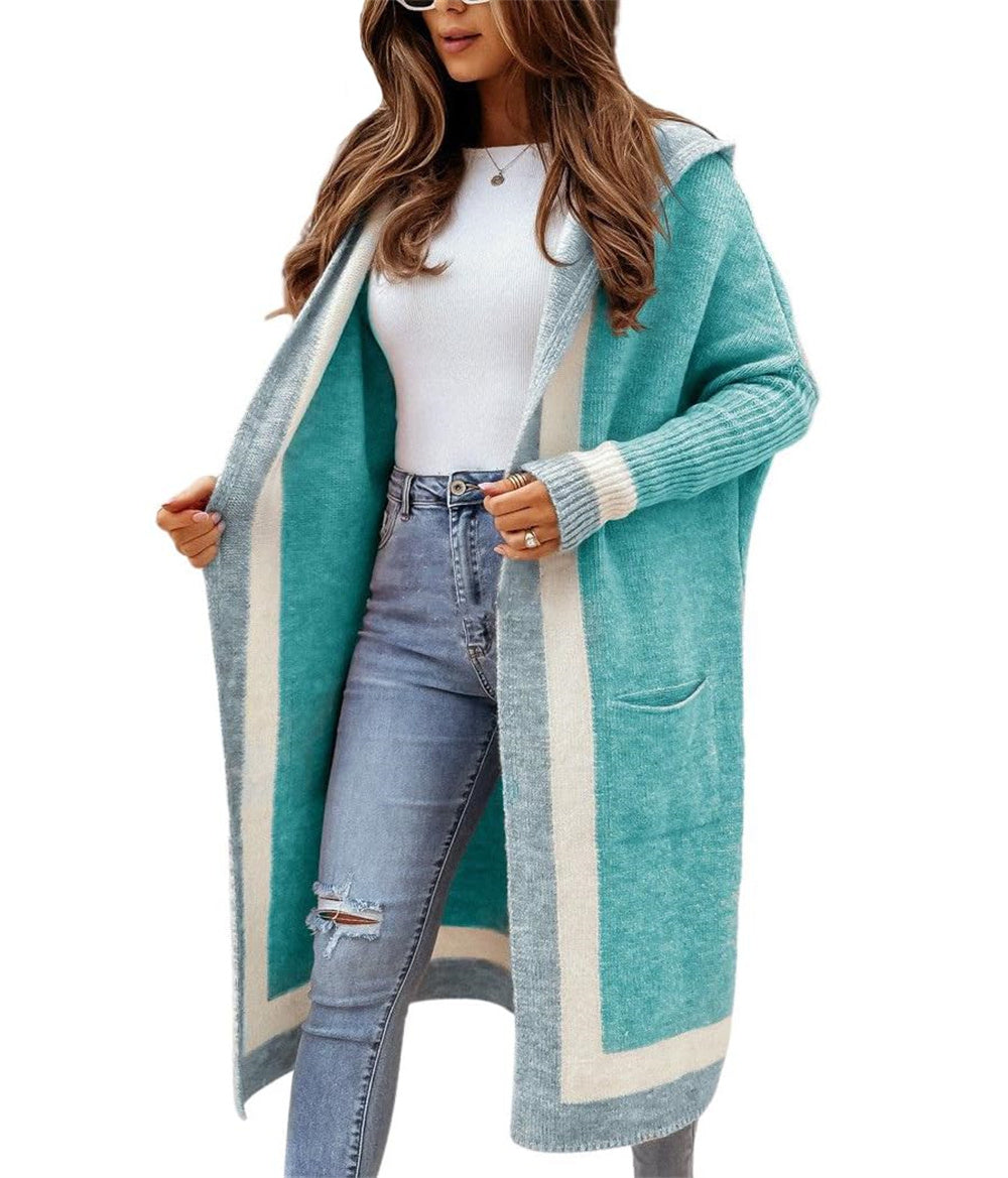 Chouyatou Women's Color Block Vertical Striped Open Front Oversized Hooded Long Cardigan Sweaters with Pockets